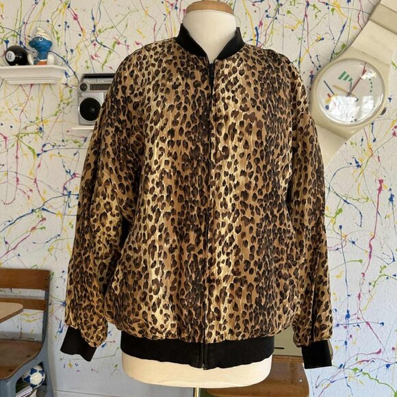 Silk Club Leopard Jacket Size Large 100% Silk Washable Fully Lined - Picture 1 of 9